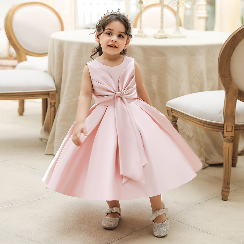 Satin Bow Sleeveless Regular Dresses - Pink - 5Y - image 9