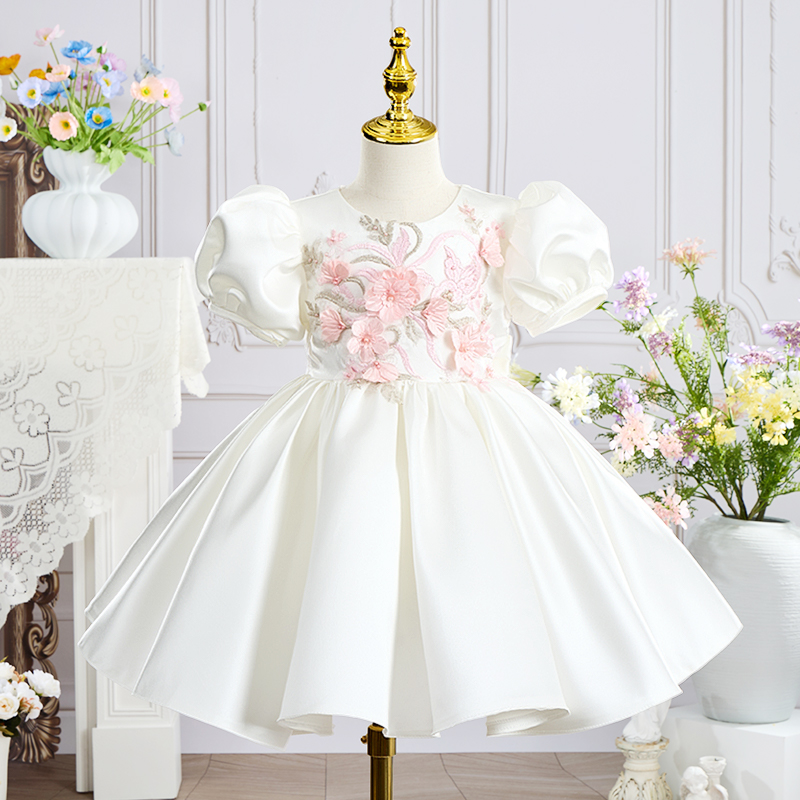 Satin Rosette Short Sleeve Regular Dresses - Beige - 13-14Y - image 1
