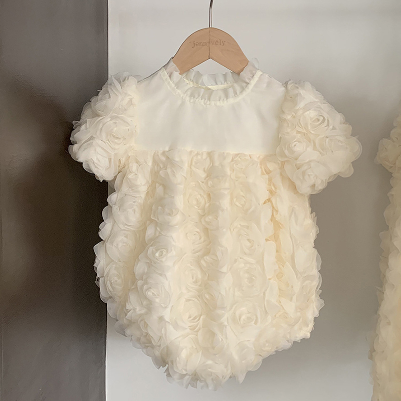 Cotton Rosette Short Sleeve Regular Bodysuit - Beige - 1-2Y - image 1