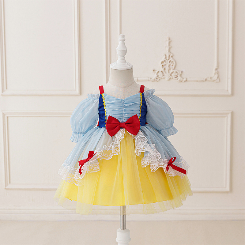 Mesh Folds Lace Bow Sleeveless Regular Dresses - Yellow - 2-3Y - image 1