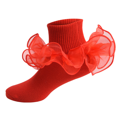 Solid Stitching Lace Socks - Red - 8-10Y - image 8