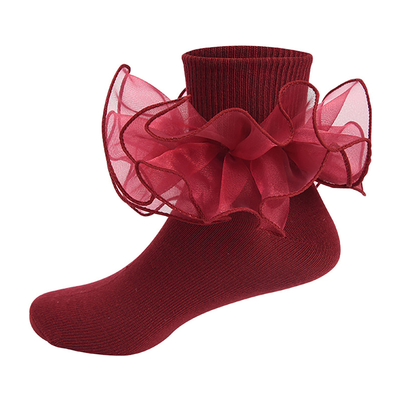 Solid Stitching Lace Socks - Wine - 8-10Y - image 10