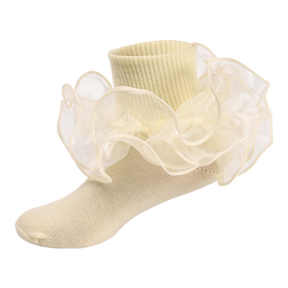 Solid Stitching Lace Socks - Light Yellow - 8-10Y - image 12
