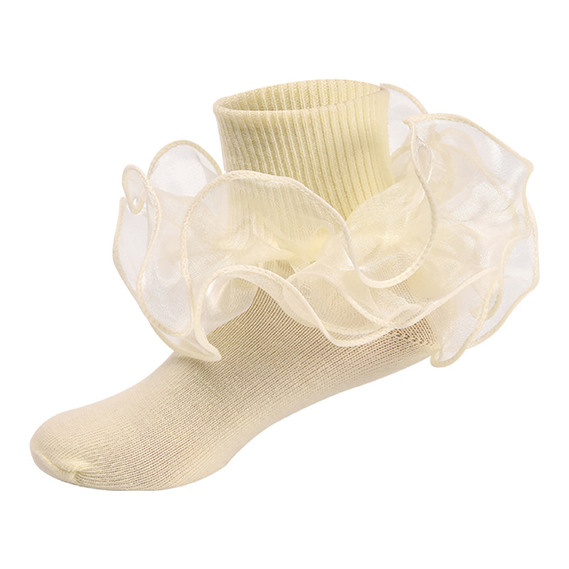 Solid Stitching Lace Socks - Light Yellow - 8-10Y - image 12