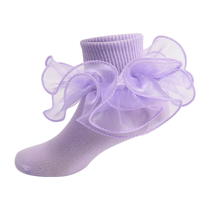 Solid Stitching Lace Socks - Light Purple - 8-10Y - image 15