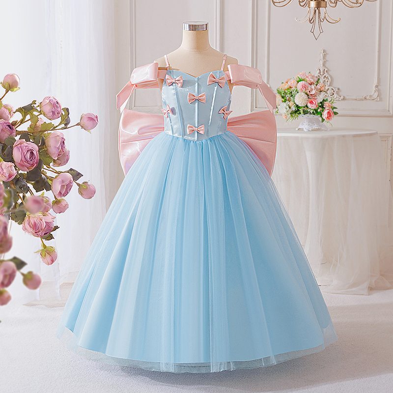 Mesh Bow Sleeveless Maxi Dresses - Sky Blue - 12Y - image 2