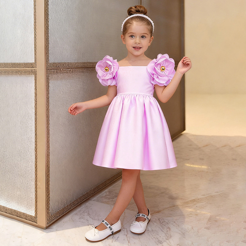 Satin Rosette Sleeveless Regular Dresses - Pink - 130cm - image 1