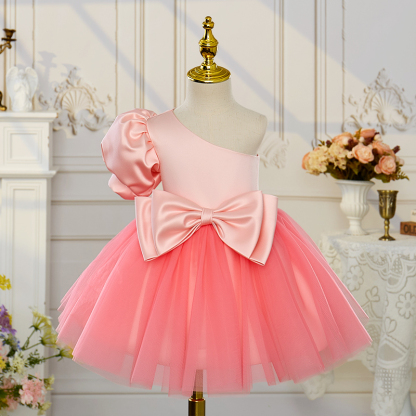 Mesh Bow Short Sleeve Regular Dresses - Pink - 15-16Y - image 1
