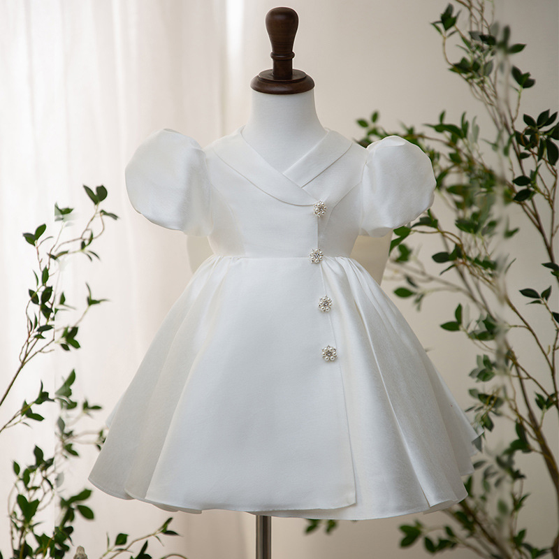 Satin Buckle Short Sleeve Midi Dresses - White - 12-13Y - image 1