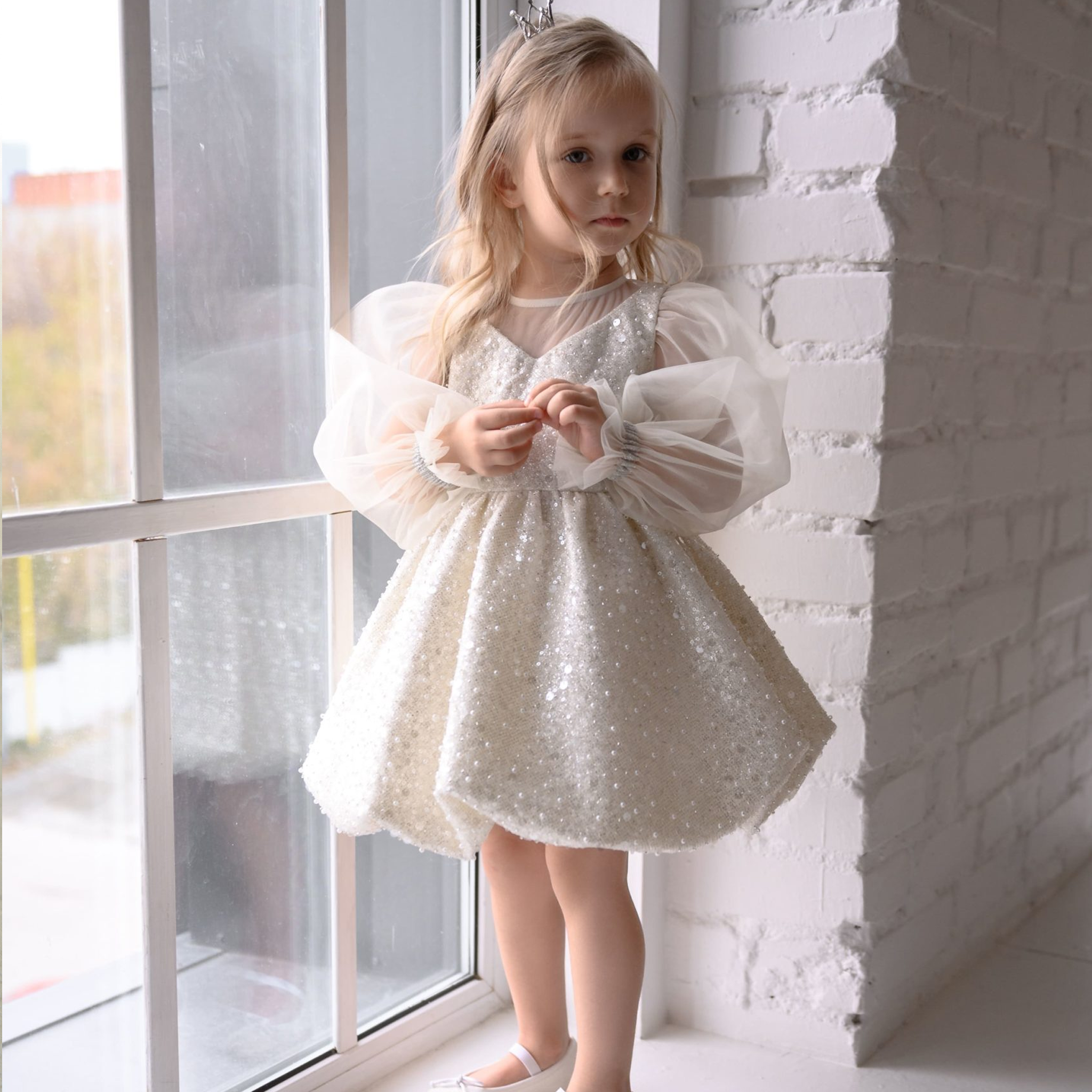 Glitter Bow Long Sleeve Midi Dresses - White - 9-10Y - image 1