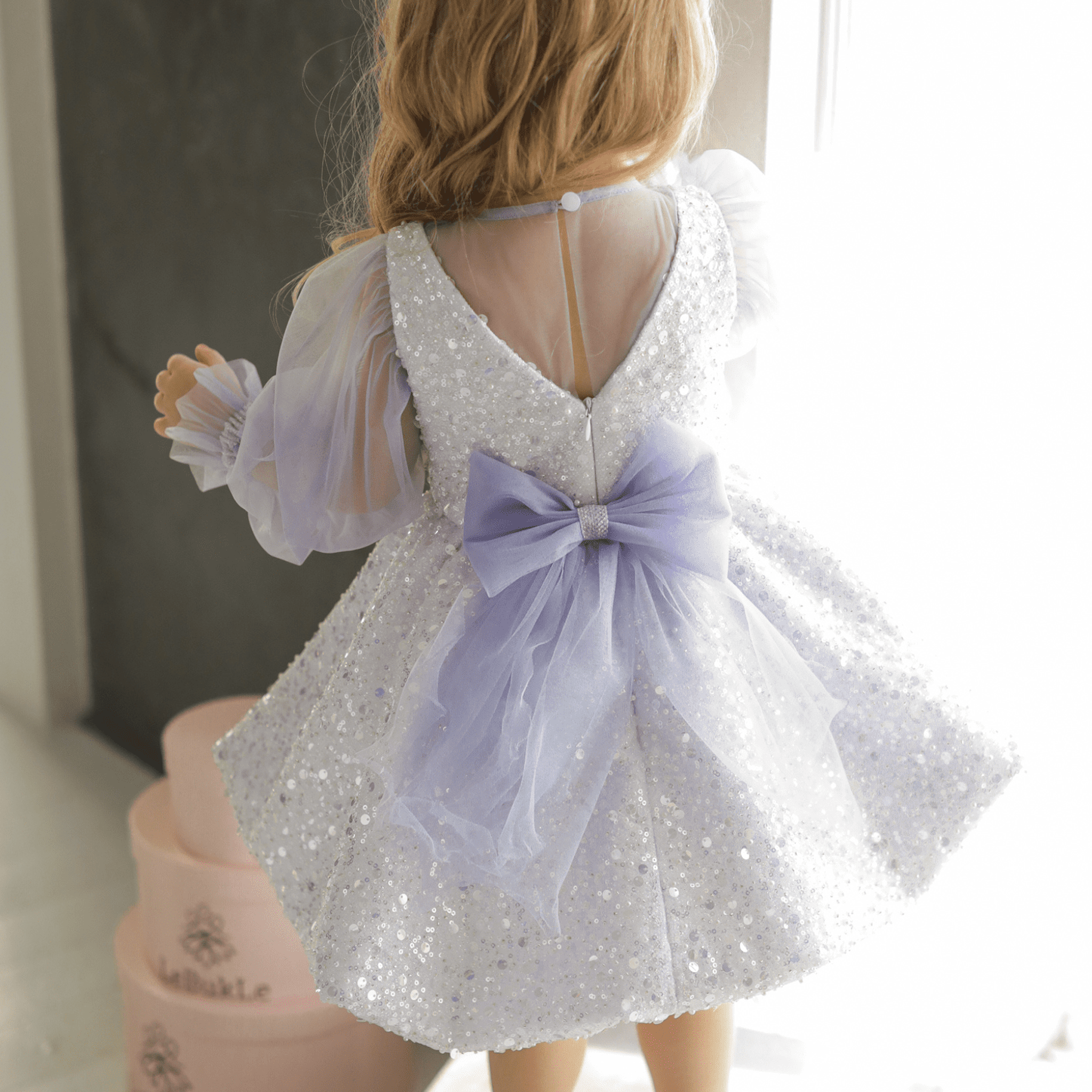 Glitter Bow Long Sleeve Midi Dresses - Light Purple - 9-10Y - image 5