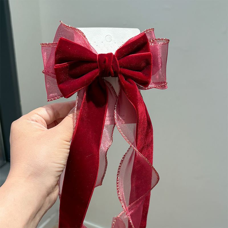 Solid With Bow Barrette - Wine Red Gold Edged Velvet - 4-12Y - image 9
