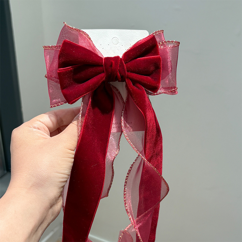 Solid With Bow Barrette - Wine Red Gold Edged Velvet - 4-12Y - image 9