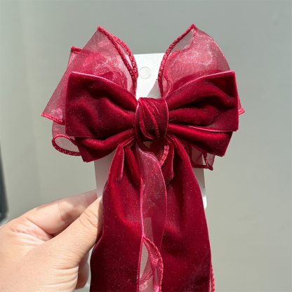 Solid With Bow Barrette - Wine Red Velvet - 4-12Y - image 10