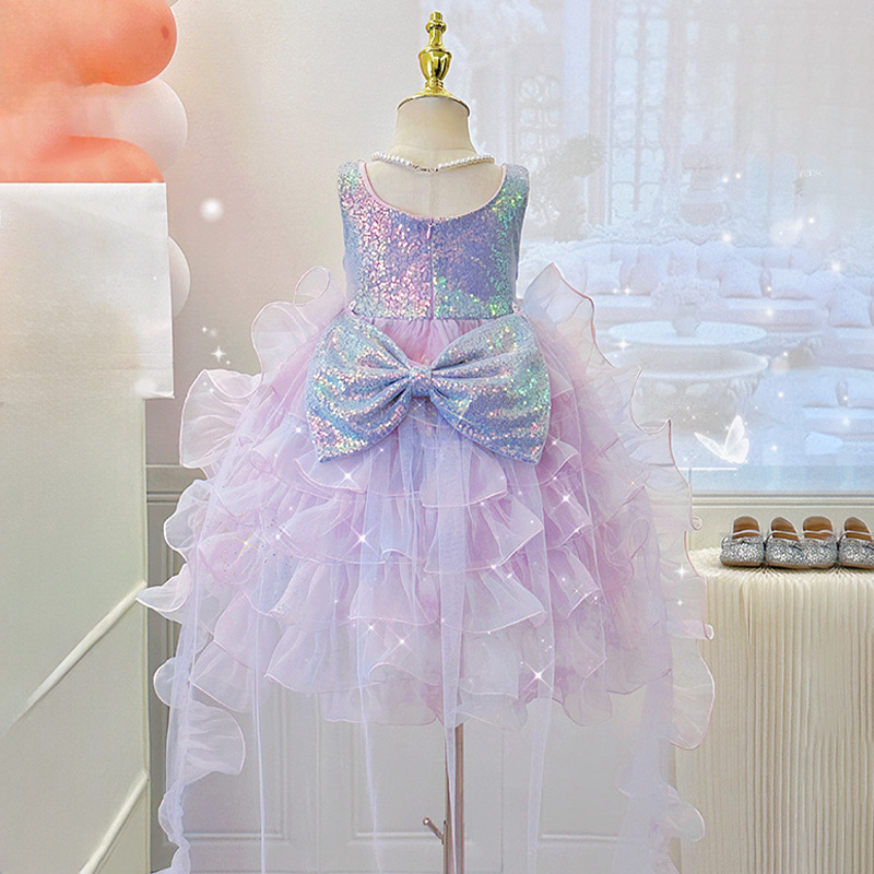 Glitter Folds Bow Sleeveless Regular Dresses - Purple - 10-12Y - image 2