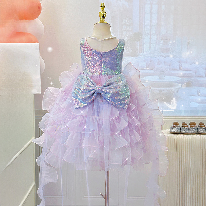 Glitter Folds Bow Sleeveless Regular Dresses - Purple - 10-12Y - image 2