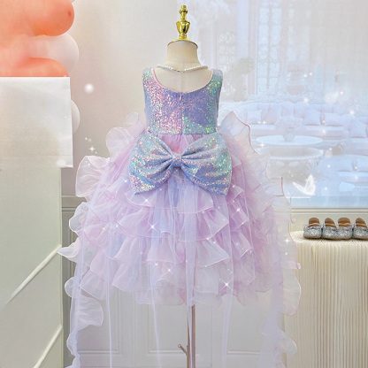 Glitter Folds Bow Sleeveless Regular Dresses - Purple - 10-12Y - image 2