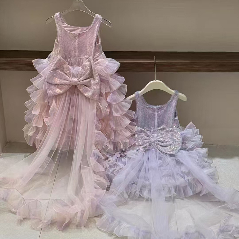 Glitter Folds Bow Sleeveless Regular Dresses - Pink - 10-12Y - image 1