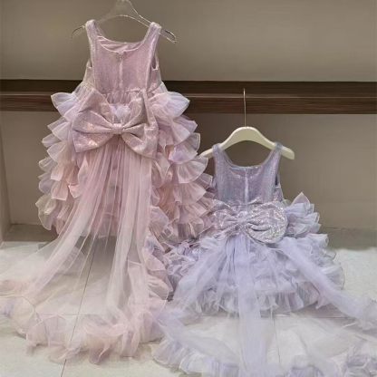 Glitter Folds Bow Sleeveless Regular Dresses - Pink - 10-12Y - image 1