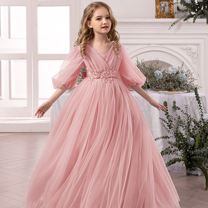 Mesh Folds Bow Sleeveless Regular Dresses - Pink - 14Y - image 1