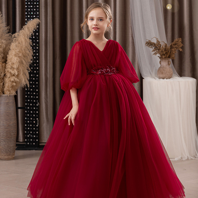 Mesh Folds Bow Sleeveless Regular Dresses - Wine - 14Y - image 14