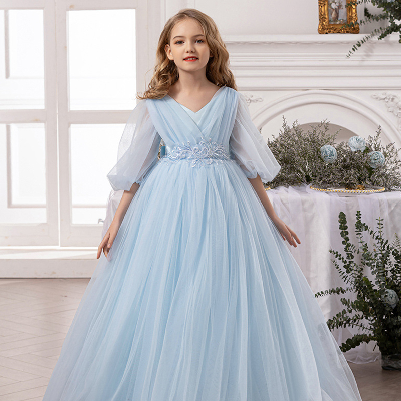 Mesh Folds Bow Sleeveless Regular Dresses - Blue - 14Y - image 9