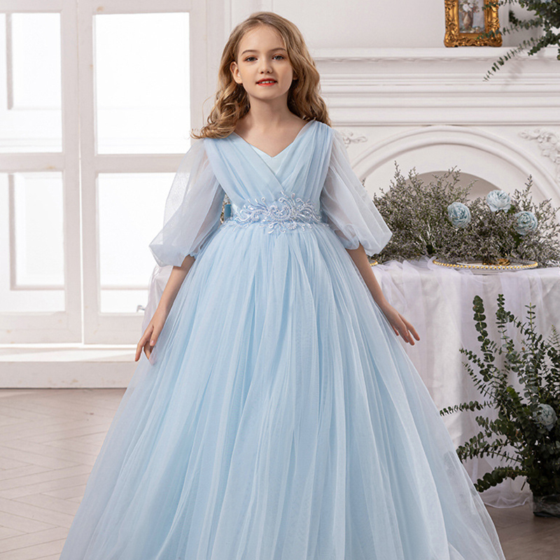 Mesh Folds Bow Sleeveless Regular Dresses - Blue - 14Y - image 9