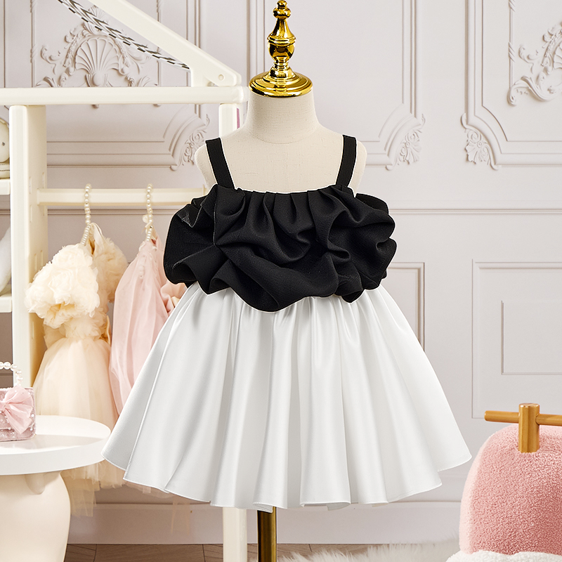 Satin Bow Sleeveless Midi Dresses - Black Gauze Shoulder Strap Style - 12-13Y - image 2