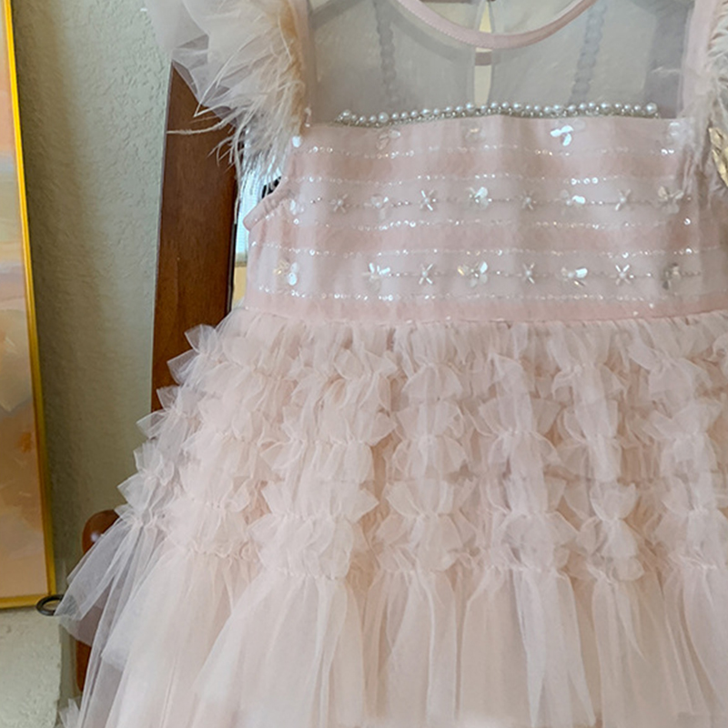 Mesh Folds Feather-trimmed Sleeveless Regular Dresses - image 15