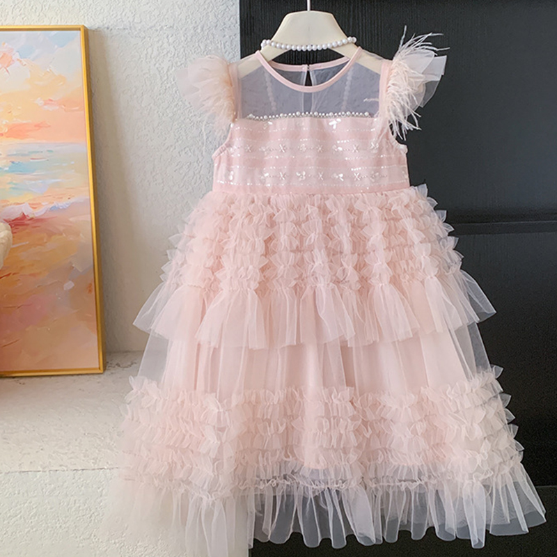 Mesh Folds Feather-trimmed Sleeveless Regular Dresses - image 10