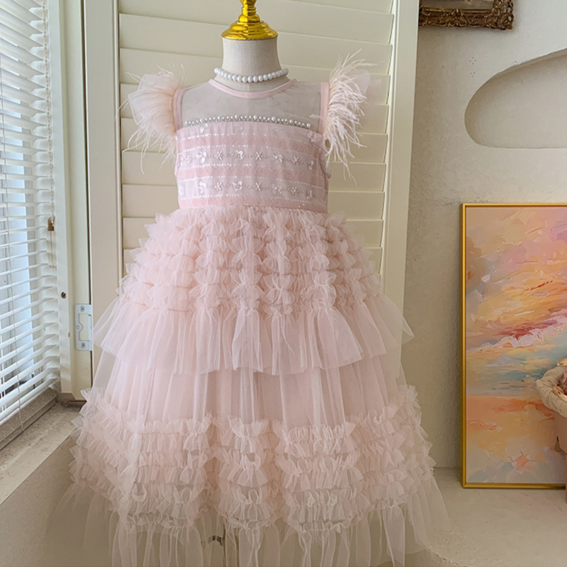 Mesh Folds Feather-trimmed Sleeveless Regular Dresses - Pink - 9-10Y - image 9