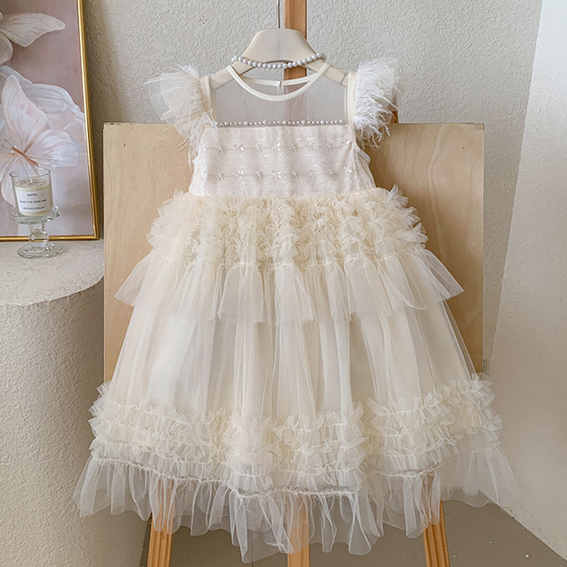 Mesh Folds Feather-trimmed Sleeveless Regular Dresses - image 4