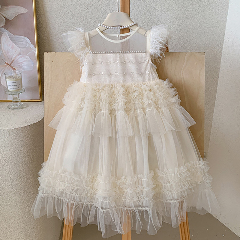 Mesh Folds Feather-trimmed Sleeveless Regular Dresses - image 4