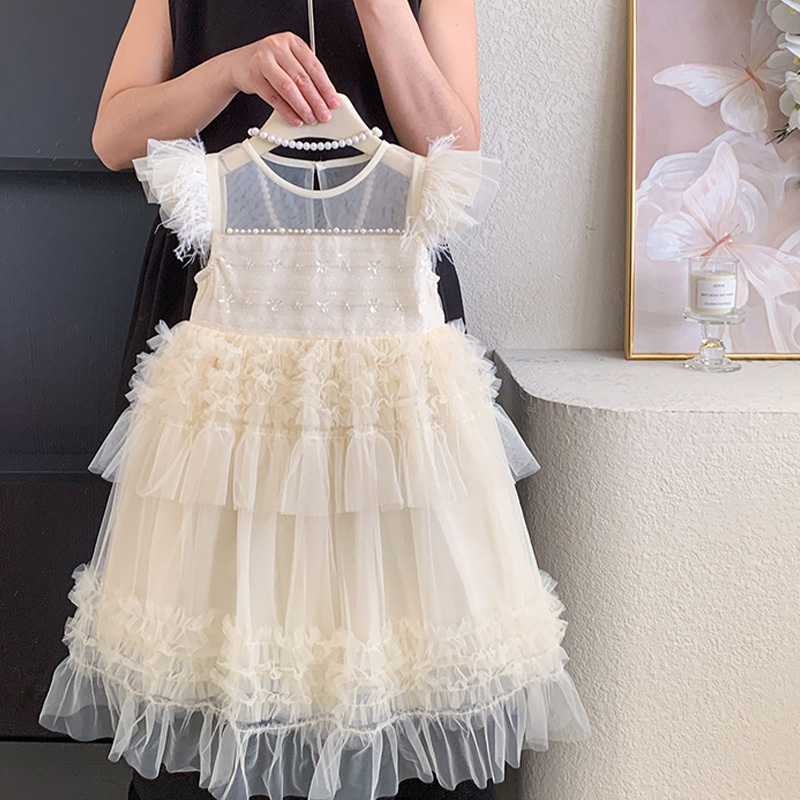 Mesh Folds Feather-trimmed Sleeveless Regular Dresses - Beige - 9-10Y - image 1