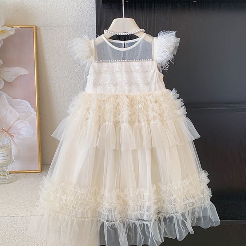 Mesh Folds Feather-trimmed Sleeveless Regular Dresses - image 3