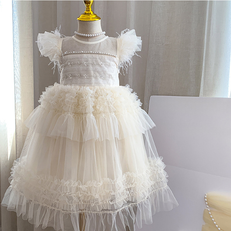 Mesh Folds Feather-trimmed Sleeveless Regular Dresses - image 2