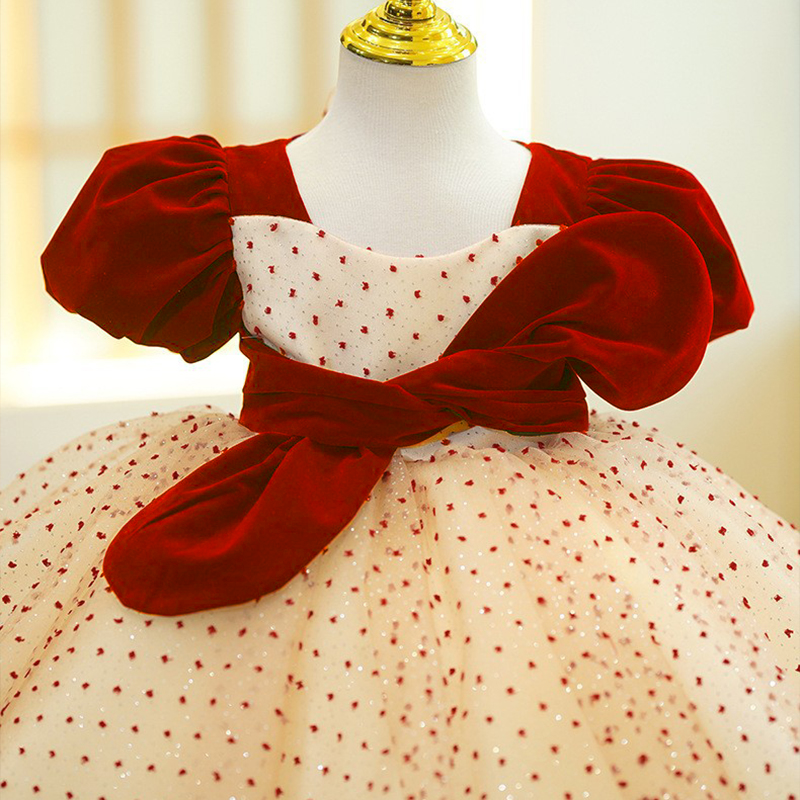 Velvet Bow Short Sleeve Midi Dresses - Red - 11-12Y - image 1