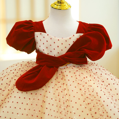 Velvet Bow Short Sleeve Midi Dresses - Red - 11-12Y - image 1