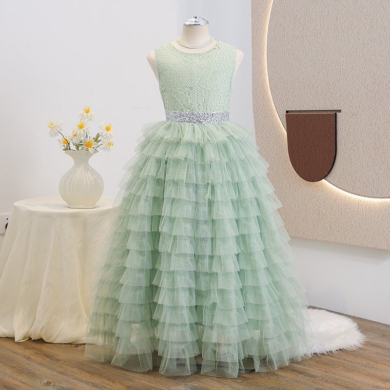 Mesh Bow Folds Lace Sleeveless Maxi Dresses - Light Green - 12Y - image 1