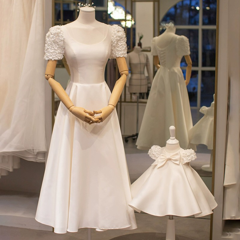 Satin Bow Rosette Short Sleeve Midi Dresses - image 3