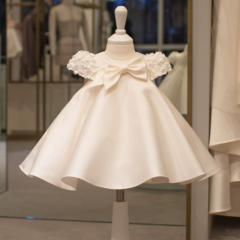 Satin Bow Rosette Short Sleeve Midi Dresses - White - 9-10Y - image 1