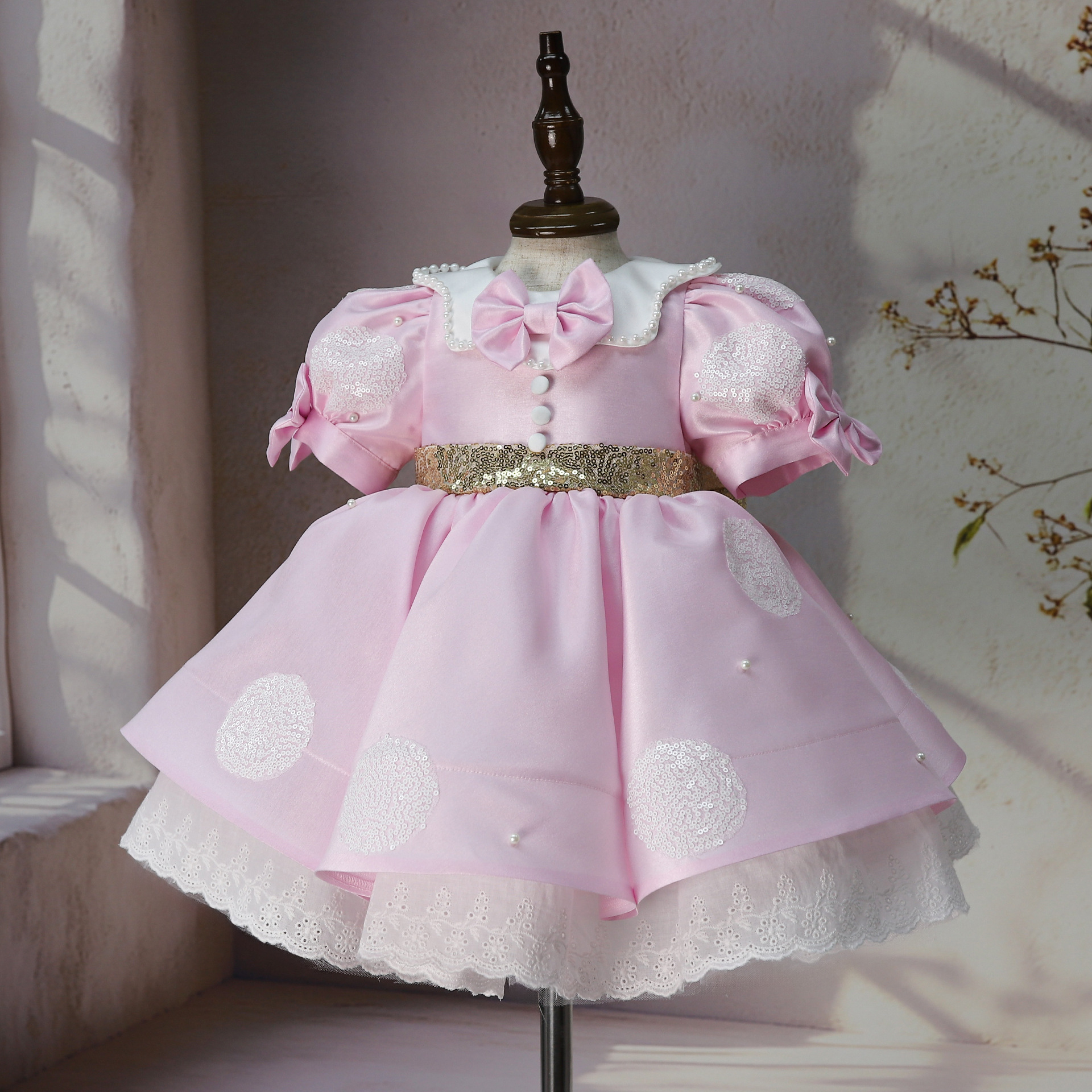 Satin Bow Short Sleeve Midi Dresses - Pink - 5-6Y - image 1