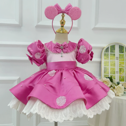 Satin Bow Short Sleeve Midi Dresses - Rose - 5Y - image 3