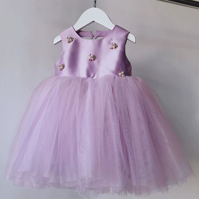 Satin Imitation Pearls Hollow Out Sleeveless Midi Dresses - Purple - 6Y - image 1