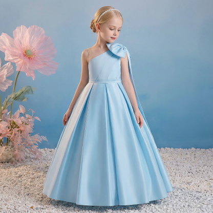 Satin Bow Sleeveless Maxi Dresses - Blue - 12Y - image 1