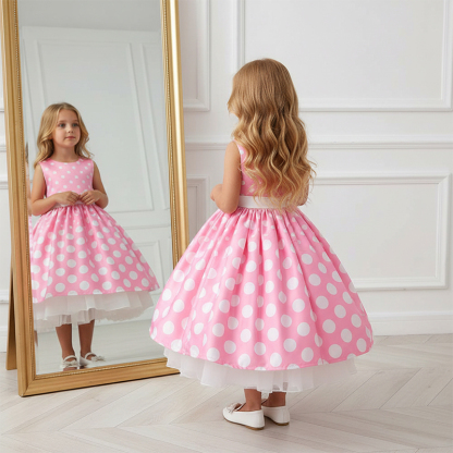 Satin Printing Bow Sleeveless Regular Dresses - Pink - 7-8Y - image 1