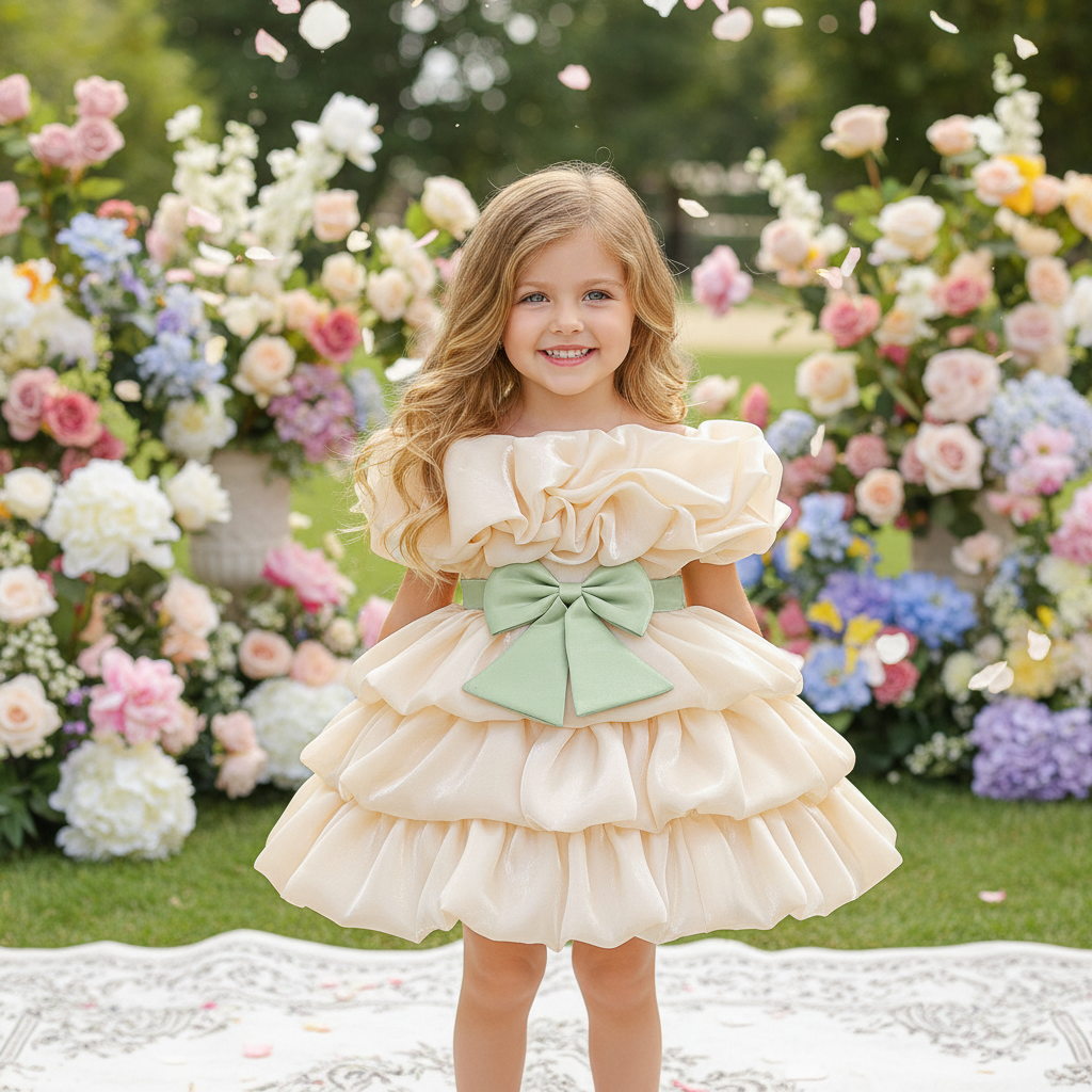 Organza Folds Bow Short Sleeve Mid-long Dresses - image 2