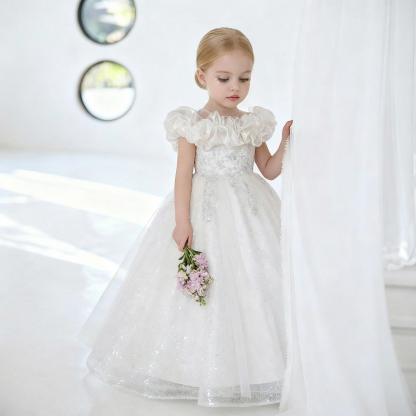 Mesh Fluffy Sleeveless Maxi Dresses - White - 12-13Y - image 1