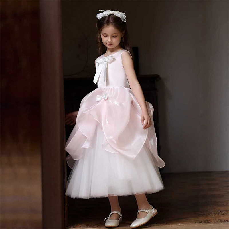 Mesh Bow Folds Sleeveless Maxi Dresses - Pink - 13-15Y - image 1