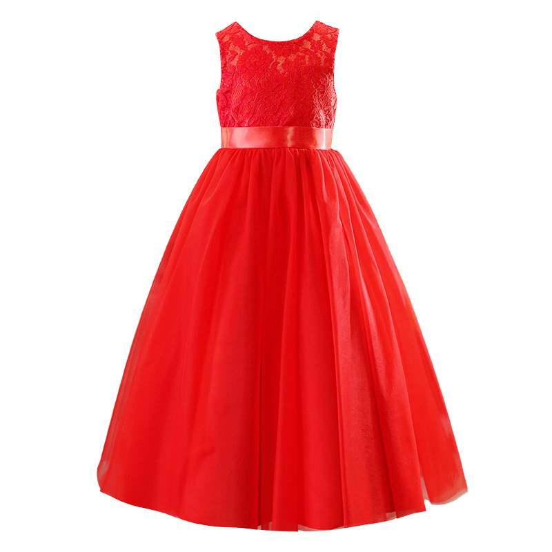 Mesh Bow Lace Sleeveless Maxi Dresses - Red - 13-14Y - image 5